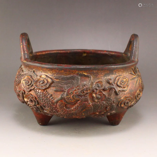 Gilt Gold Red Copper Cloud Dragon Design Incense Burner