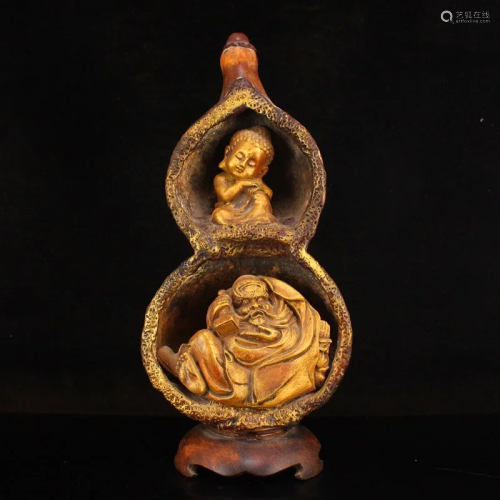 Vintage Gourd & Wood Buddha Statue