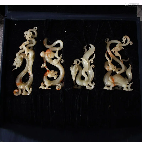 Set Four Superb Qing Hetian Jade Divine Beast Statues