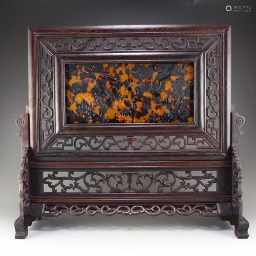 Openwork Zitan Wood Inlay Tortoiseshell Carved Screen