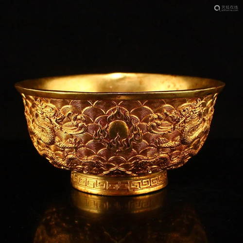 Chinese Gilt Gold Red Copper Double Dragon Bowl