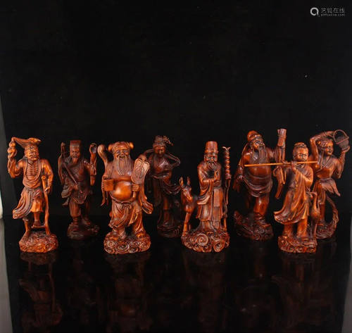 Vintage Chinese Boxwood Wood Eight Taoism Deity Statues