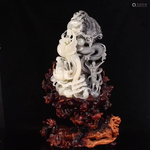 Openwork Hetian Jade Lucky Dragon & Phoenix Statue