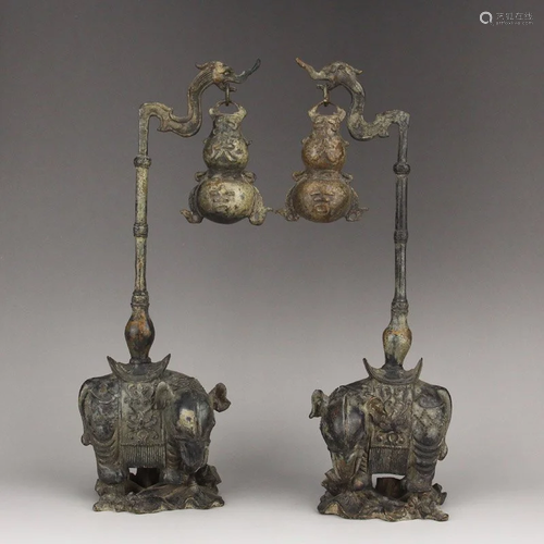 A Pair Vintage Bronze Lucky Elephant & Gourd Statue