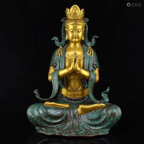 Gilt Gold Turquoise Glaze Porcelain Kwan-yin Statue