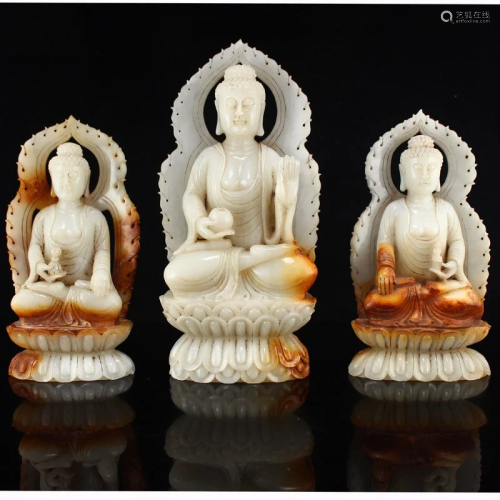 Superb Old Hetian Jade Buddhism Three Buddha Statues