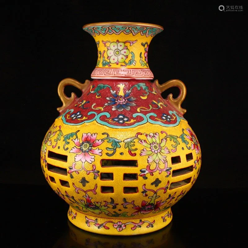 Openwork Yellow Ground Famille Rose Porcelain Vase