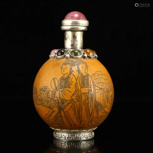 Gourd Inlay Silver & Gem Beautiful Girl Snuff Bottle