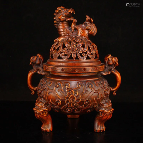 Chinese Boxwood Wood Lucky Lion Incense Burner