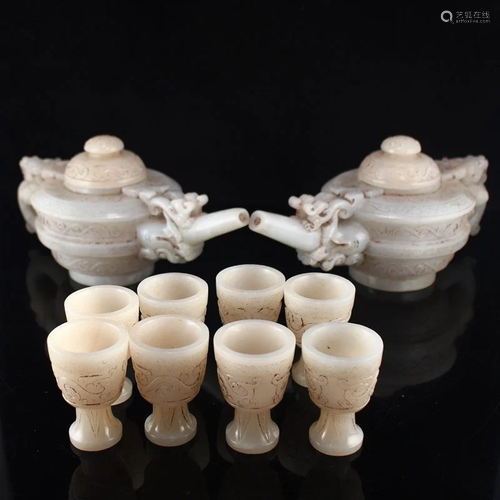 Set Superb Old Hetian Jade Dragon Head Wine Pot & Cups