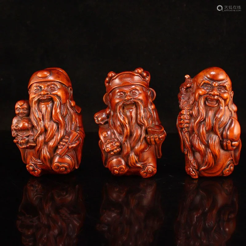 Boxwood Wood Carved Taoism Deity Fukurokuju Statues