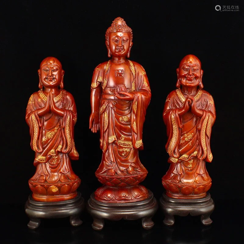 Vintage Chinese Shoushan Stone Three Buddha Statues