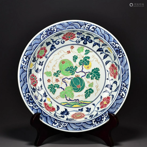 BLUE & WHITE AND PAINTED 'FRUIT AND FLOWER ' CHARGER