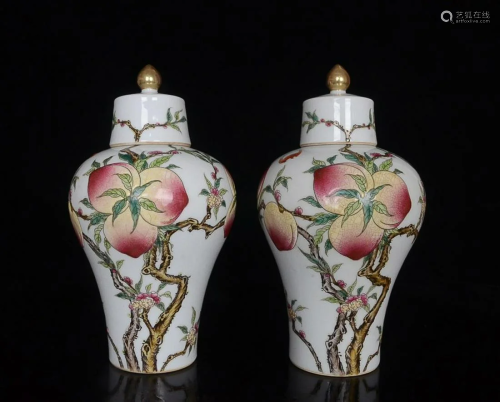 PAIR OF FAMILLE-ROSE ' BAT AND PEACH' MEIPING VASES