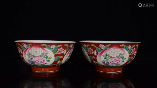 PAIR OF PAINTED ENAMEL 'PEACH AND FLOWER ' BOWLS