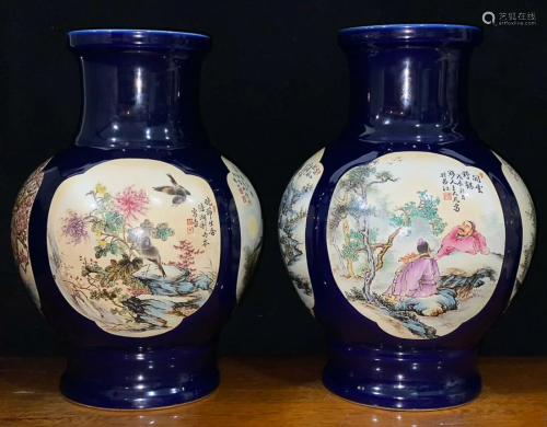 PAIR OF SACRIFICIAL-BLUE-GLAZED AND FAMILLE-ROSE