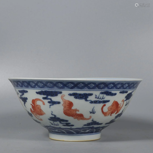 BLUE & WHITE AND IRON-RED ' BAT AMONG CLOUD' BOWL