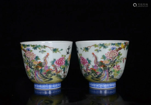 PAIR OF PAINTED ENAMEL 'PHOENIX AND PEONY' CUPS