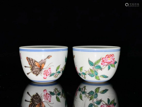 PAIR OF PAINTED ENAMEL 'BUTTERFLY AND FLOWER ' CUPS