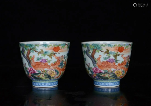 PAIR OF PAINTED ENAMEL 'PHOENIX AND PEONY' CUPS