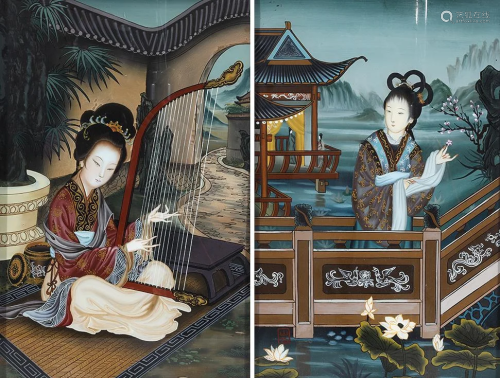 Two Chinese Inside Painted Glass Framed Panels