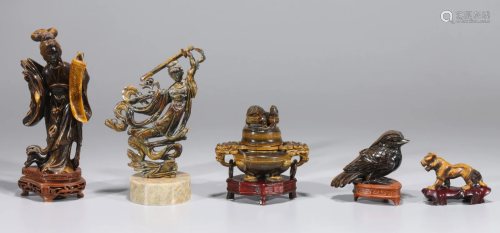 Group of Five Chinese Tiger Eye Carvings