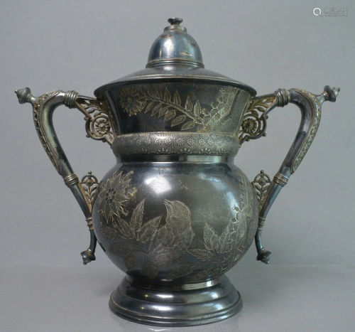 Exquisite antique pewter pot decorated with birds-flowe