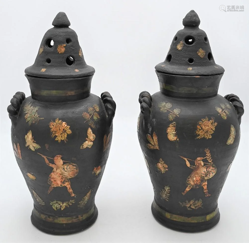 Pair of English Decoupage Vases with Covers, black