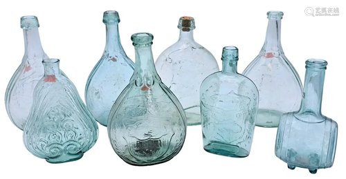 Group of Eight Aquamarine Handblown Flasks, to include