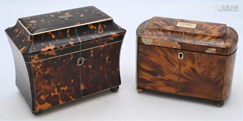 Two Tortoise Shell Tea Boxes, one silver inlaid on ball