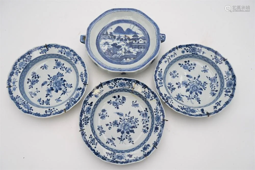 Four Chinese Blue and White Plates, to include three