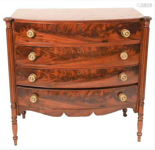 Sheraton Mahogany Four Drawer Chest, having bowed front