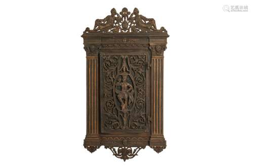 A CAST IRON AND WOOD CIGAR HUMIDOR WALL CABINET Germany, lat...