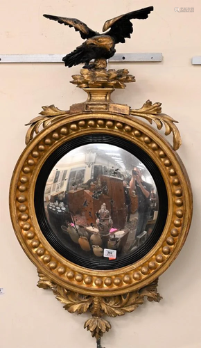 Gilt Convex Mirror, having black top eagle over mirror