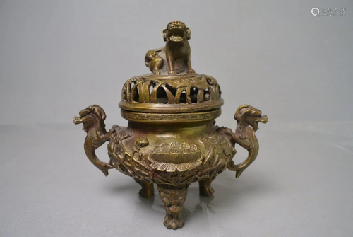 Copper incense burner carved double dragon ears & lion