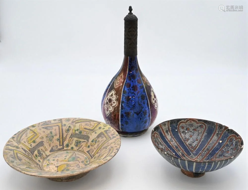 Three Persian Polychrome Decorated Pottery Items, to