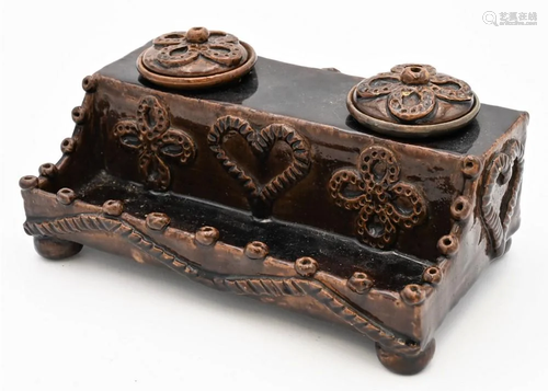 Earthenware Double Inkwell, having molded heart and