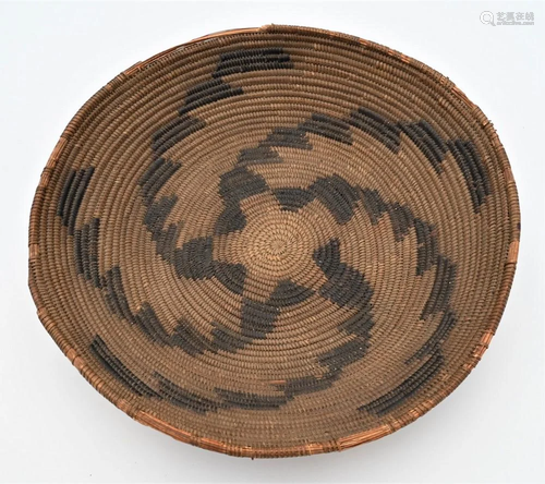 American Indian Coiled Basket, having black geometric