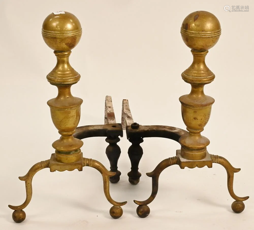 Pair of Federal Brass Andirons, having cannonball tops