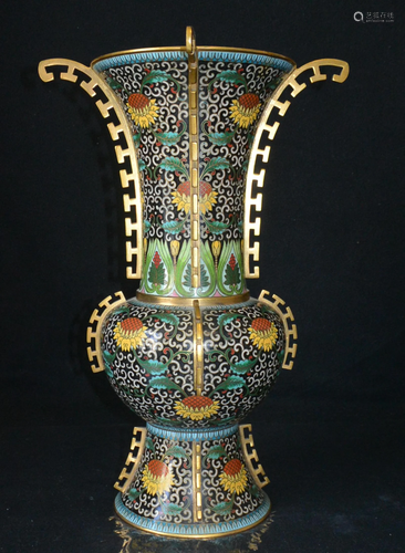 A Rare Copper Body Cloisonne Named HUAGU Vase