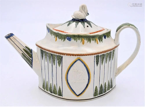 Prattware Leeds Teapot, decorated pearlwork with four