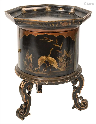 Chinese Black Lacquered One Door Stand, having octagon