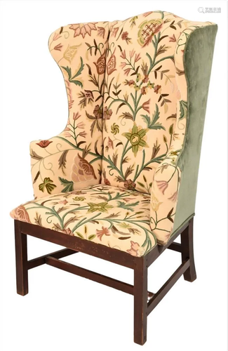 Chippendale Maple Upholstered Wing Chair, in crewel