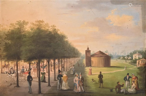 American School, 19th century, folk art scene of a town