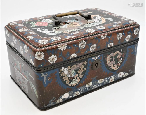 Large Cloisonne Box, having hinged lid and large brass