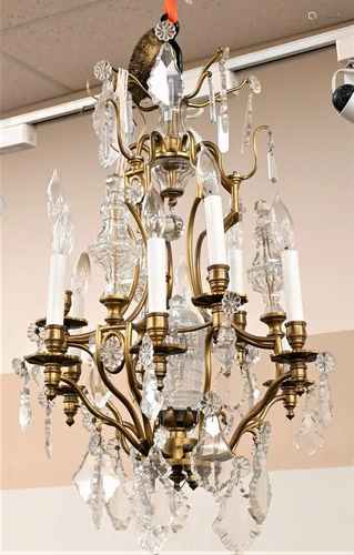 Ten Light Brass and Crystal Chandelier, height 24