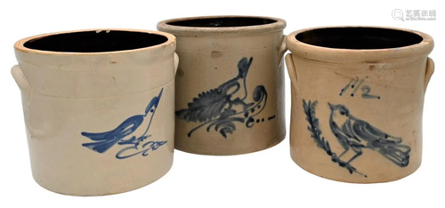 Three Stoneware Crocks, having blue bird on branch