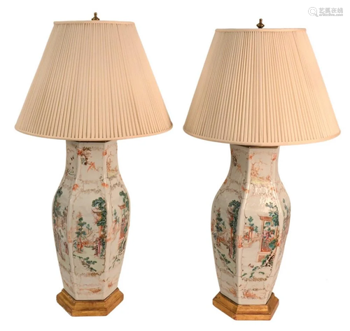 Pair of Famille Rose Hexagonal Vases, mounted as lamps