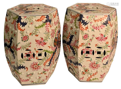 Pair of Famille Rose Garden Seats, painted with