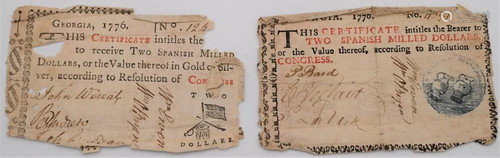 Two Georgia Colonial Paper Currency Notes or Banknotes,